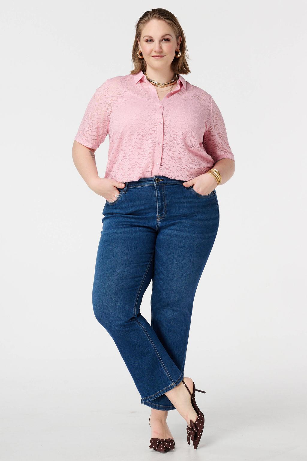 Lichtroze dames MS Mode kanten blouse met effen, driekwart mouwen, klassieke kraag en knoopsluiting