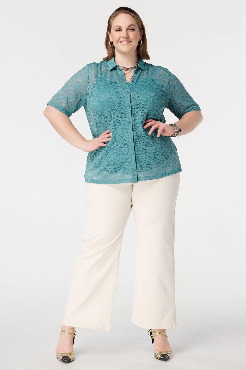 Petrolkleurige dames MS Mode kanten blouse met effen, driekwart mouwen, klassieke kraag en knoopsluiting