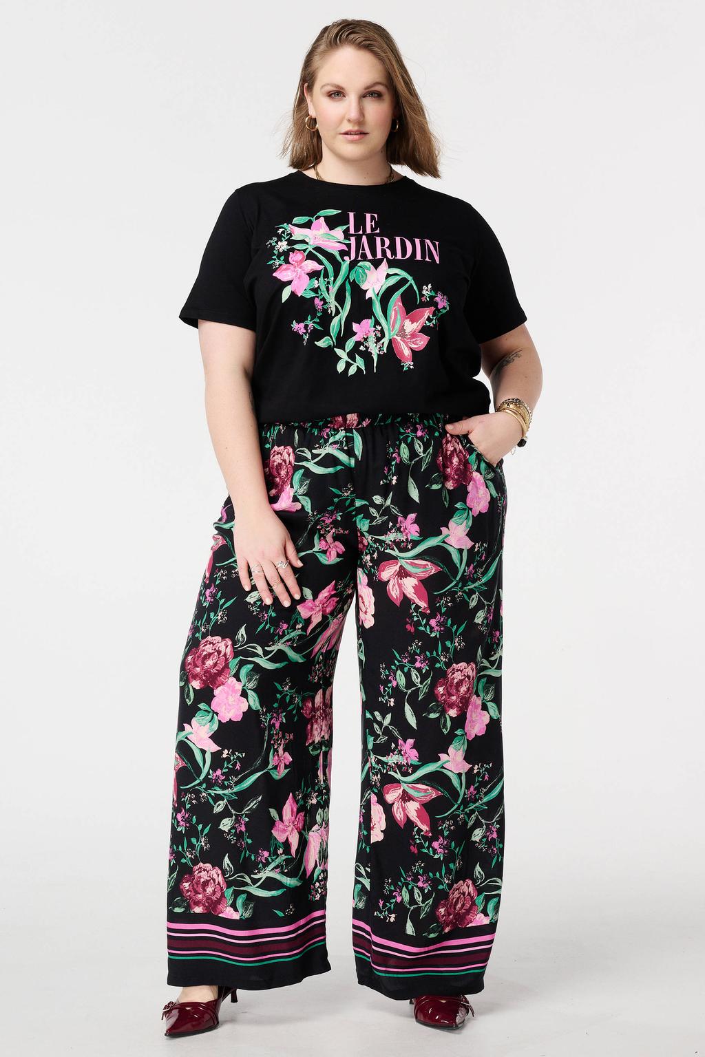 Zwart, roze en groene dames MS Mode gebloemde T-shirt van katoen met korte mouwen en klassieke kraag