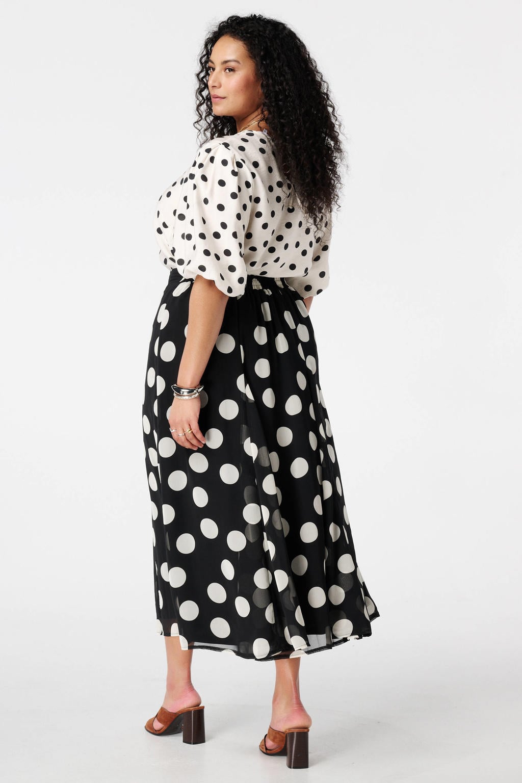 Zwart en witte dames MS Mode midi rok met stippen voorzien van