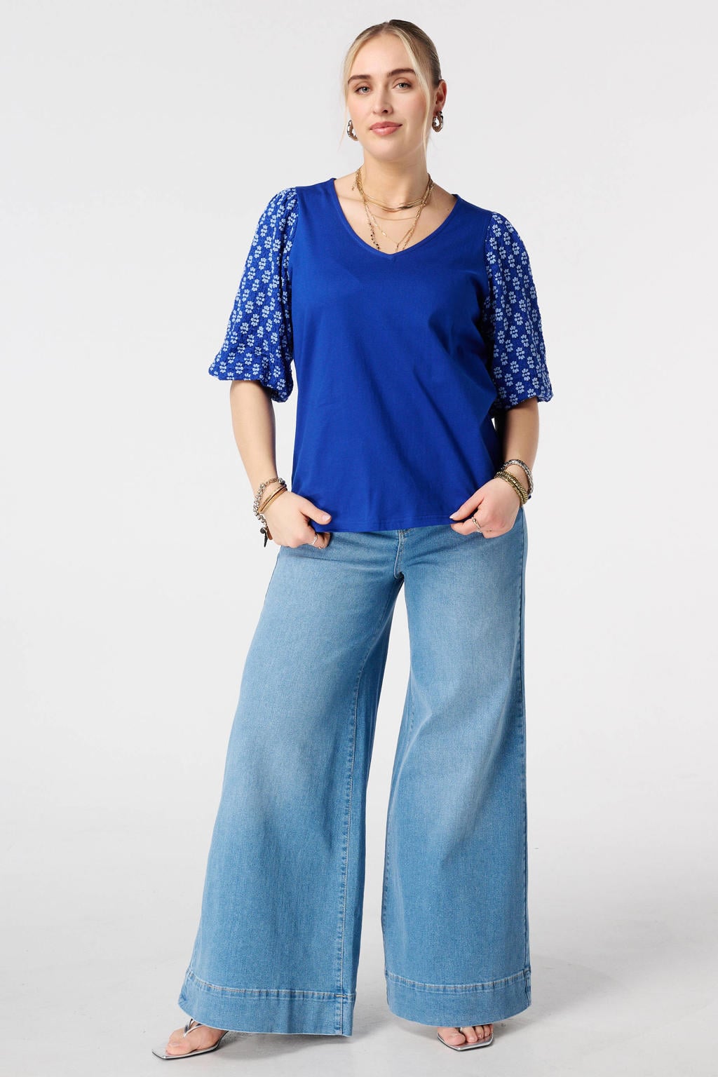 Blauwe dames MS Mode gebloemde top broderie met driekwart mouwen en V-hals