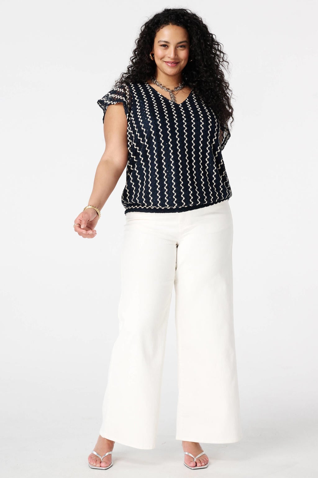 Blauw en witte dames MS Mode top van polyester met effen, korte mouwen, V-hals en pailletten
