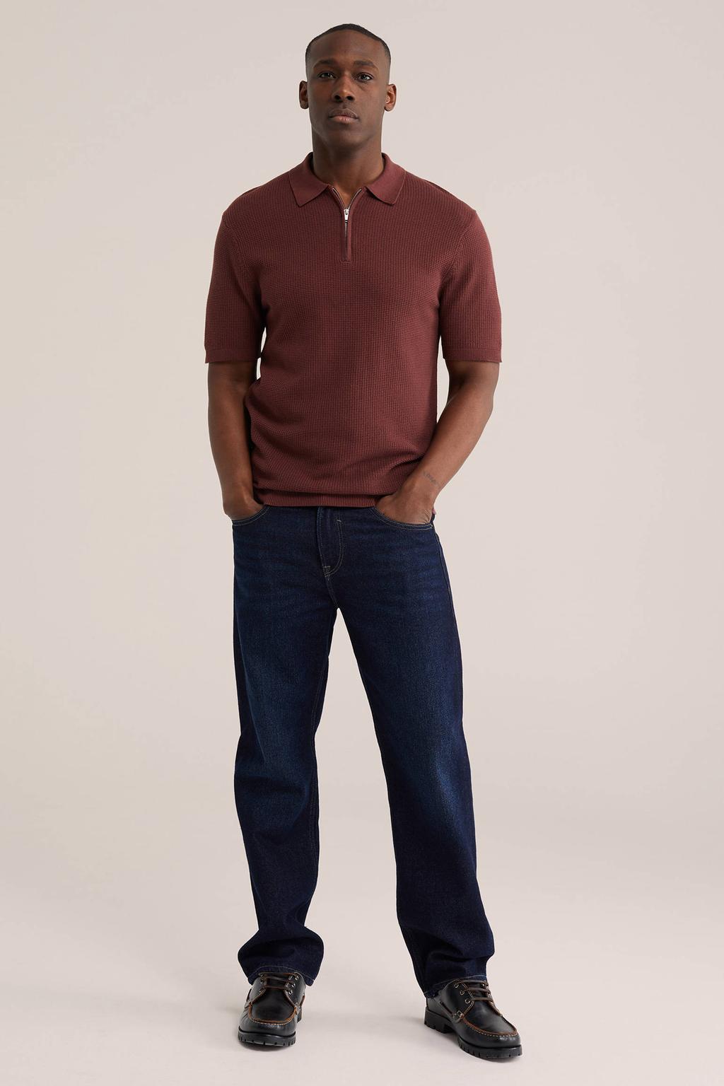 Donkerrode heren WE Fashion regular polo van katoen met effen, korte mouwen en halve rits