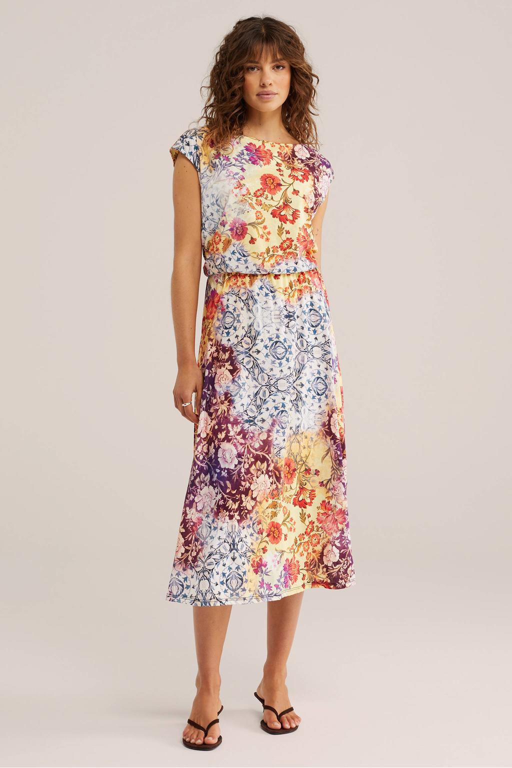 Multikleurige dames WE Fashion gebloemde zomerjurk van katoen met korte mouwen en boothals