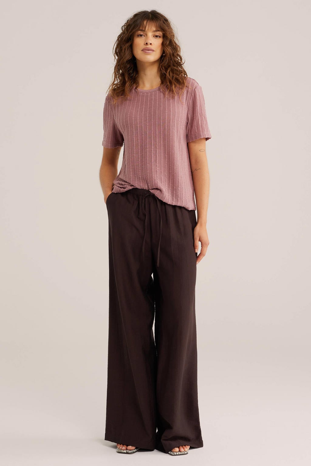 Roze dames WE Fashion top van polyester met effen, korte mouwen en ronde hals