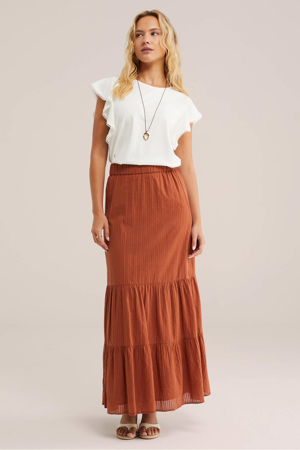 Witte dames WE Fashion top van viscose met effen, korte mouwen, ronde hals en broderie