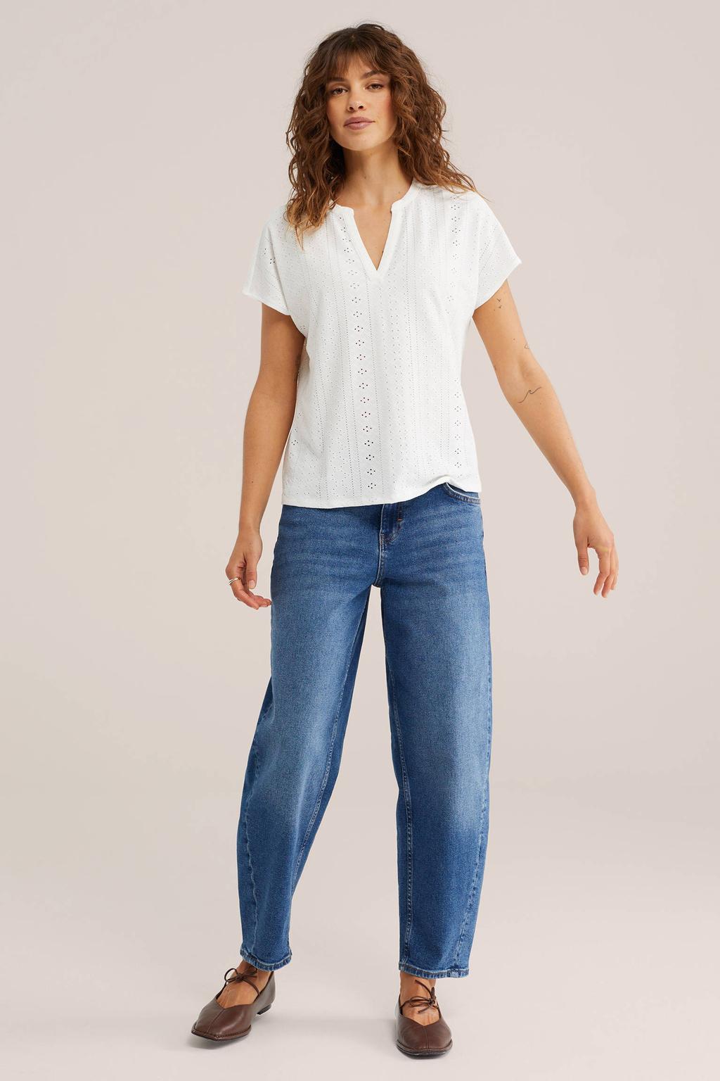Witte dames WE Fashion top broderie van polyester met effen en V-hals