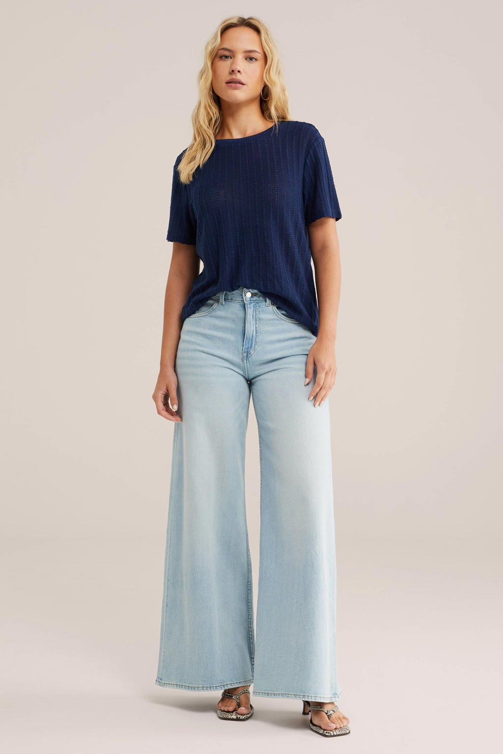 Blauwe dames WE Fashion top van polyester met effen, korte mouwen en ronde hals