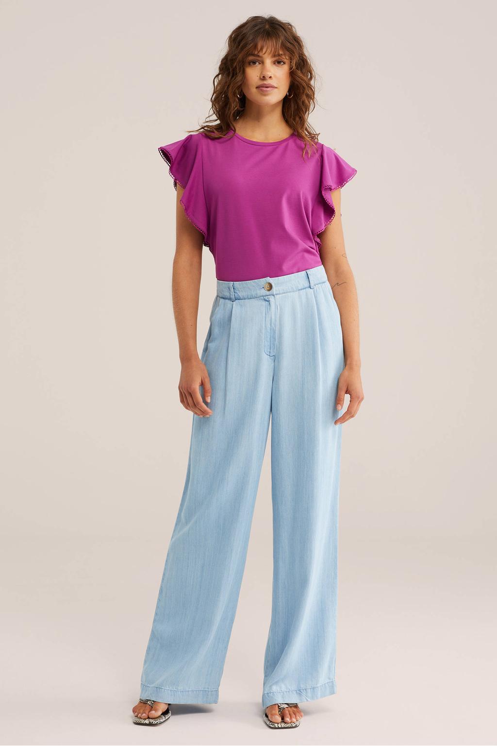 Fuchsia dames WE Fashion top van viscose met effen, korte mouwen en ronde hals