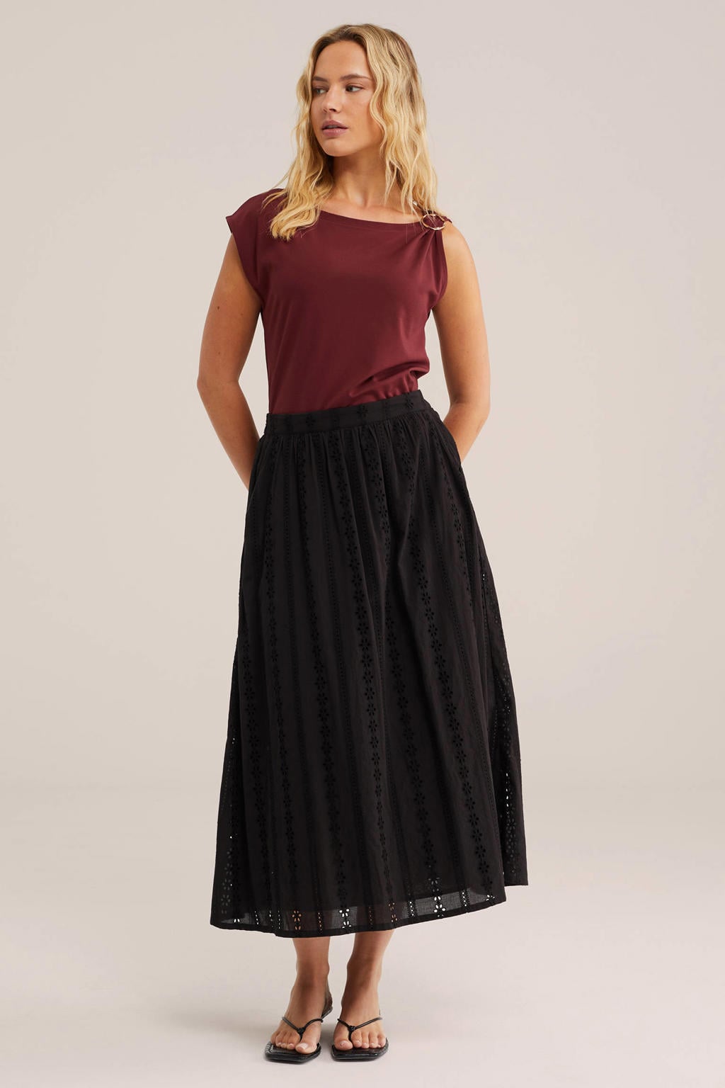 Donkerrode dames WE Fashion top van viscose met effen en ronde hals