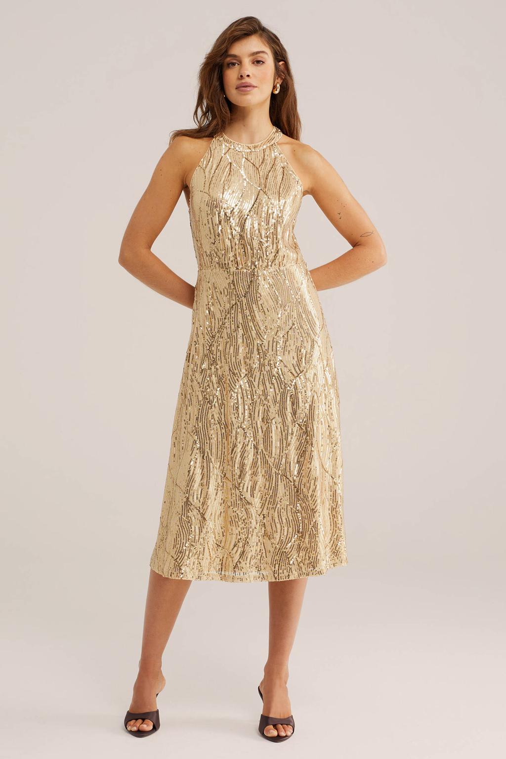 Gouden dames WE Fashion cocktailjurk van polyester met effen, halterkraag, knoopsluiting en glitters