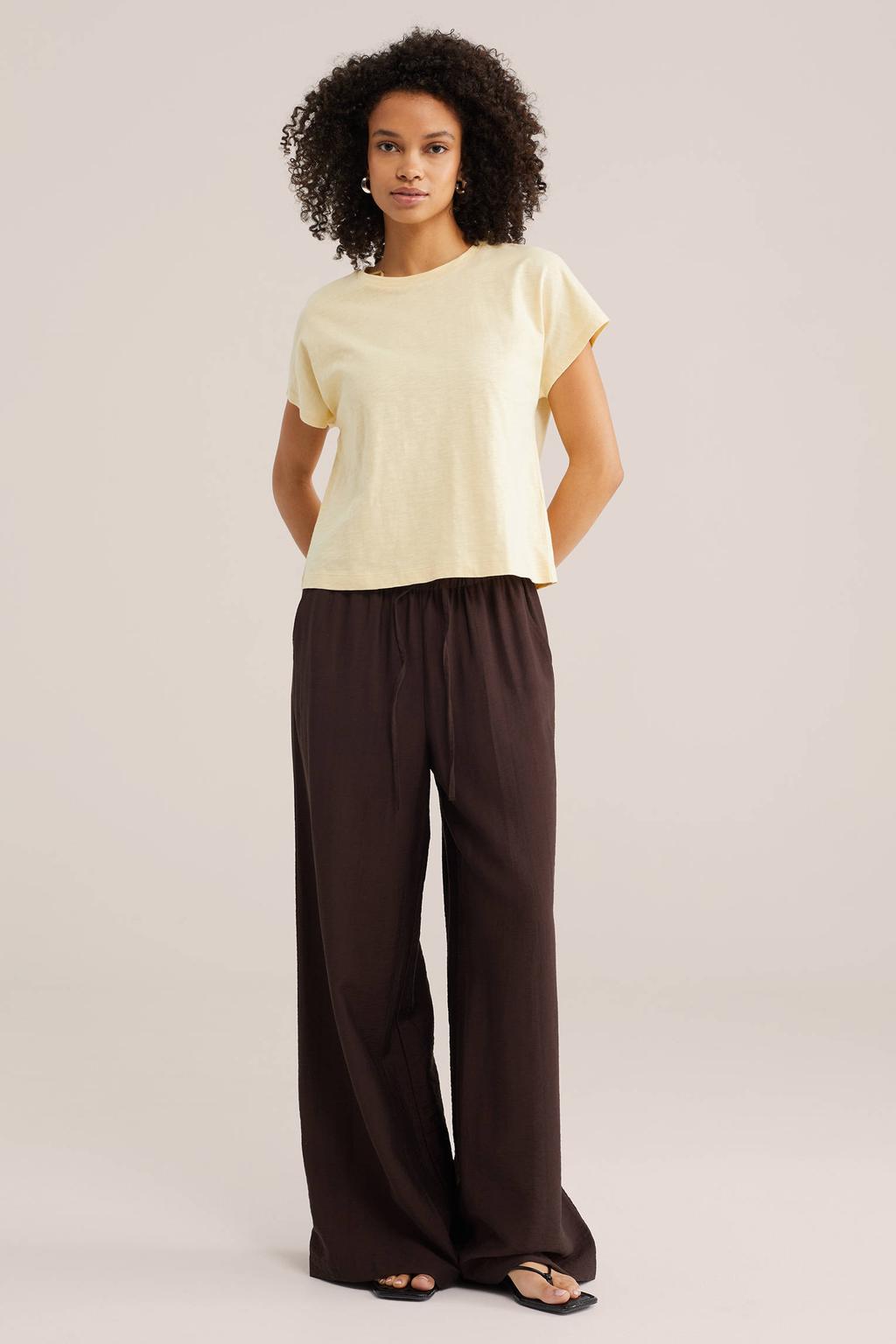Lichtgele dames WE Fashion T-shirt van katoen met effen, korte mouwen en ronde hals