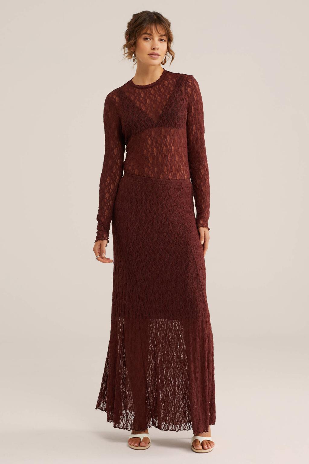 Rode dames WE Fashion kanten midi rok voorzien van elastische tailleband