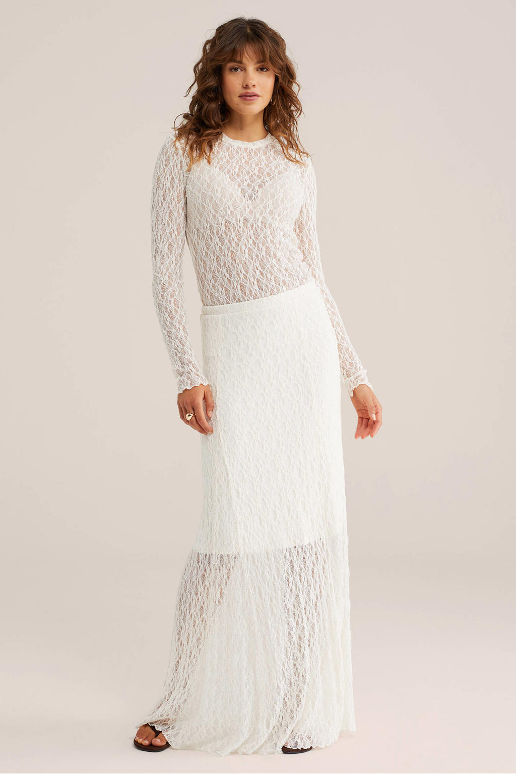 Antiek cremewit dames WE Fashion top antiek wit van polyester met effen, lange mouwen en ronde hals