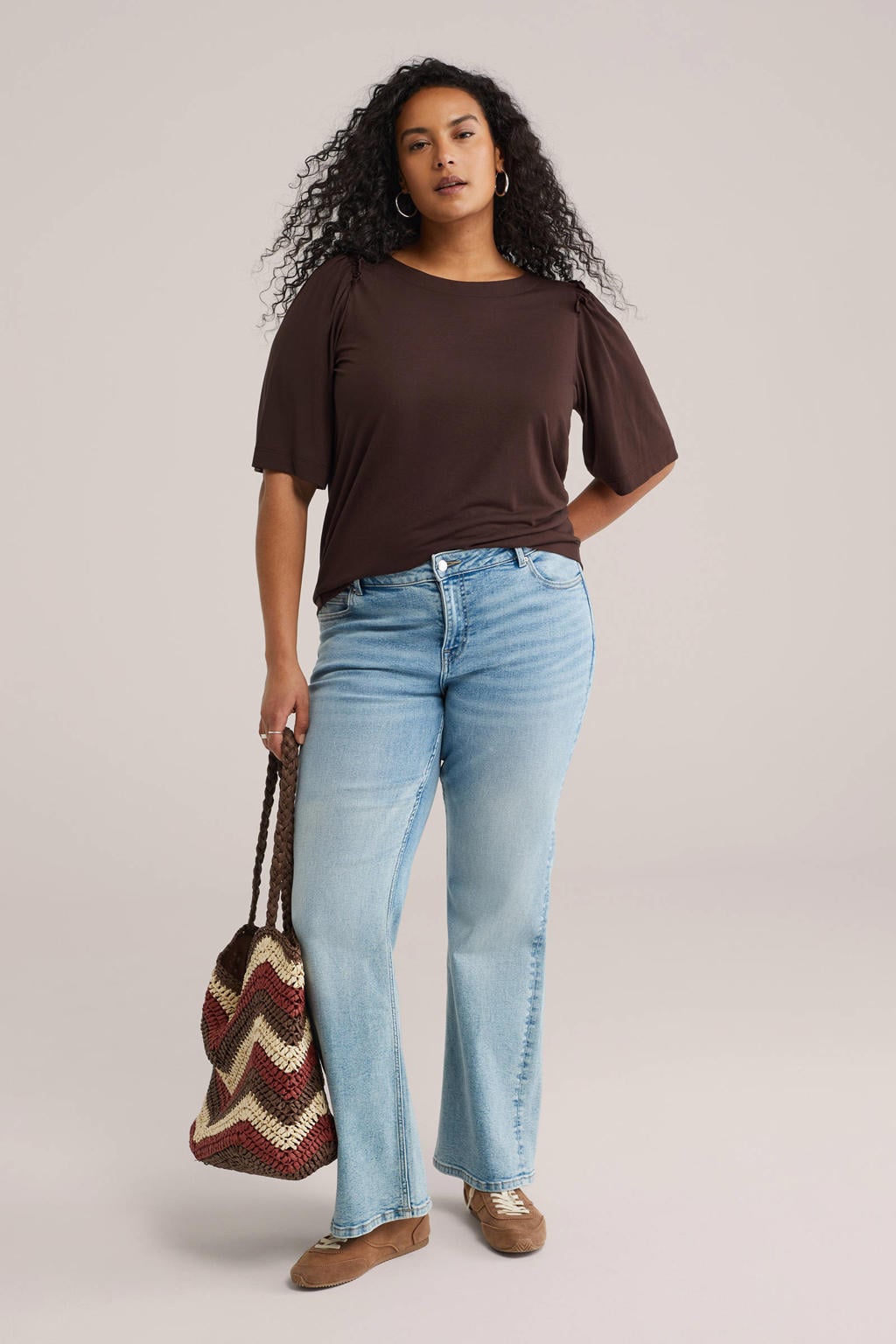 Donkerblauwe dames WE Fashion Curve top van viscose met effen, driekwart mouwen en ronde hals