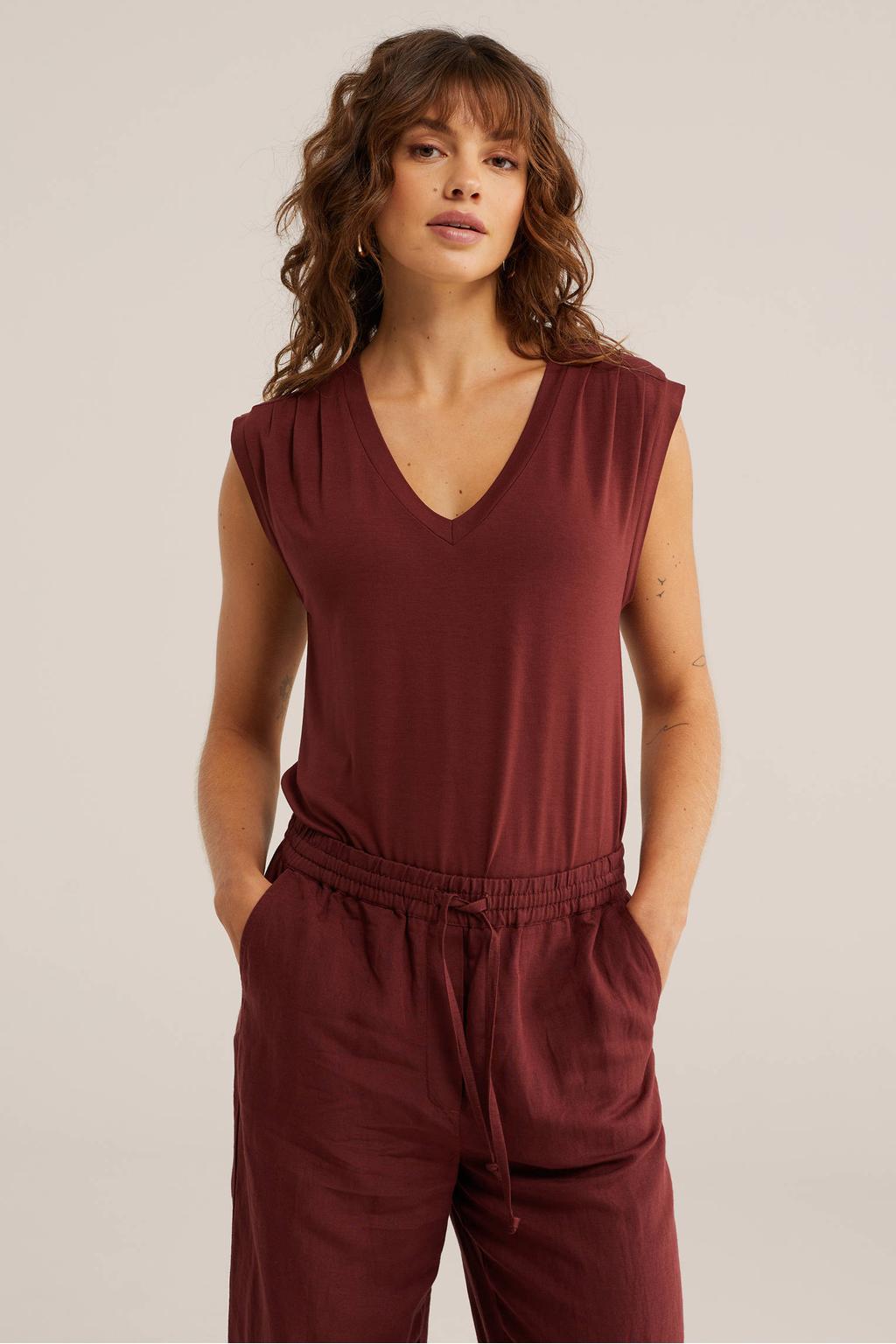 Roodbruine dames WE Fashion top bruin van viscose met effen en V-hals
