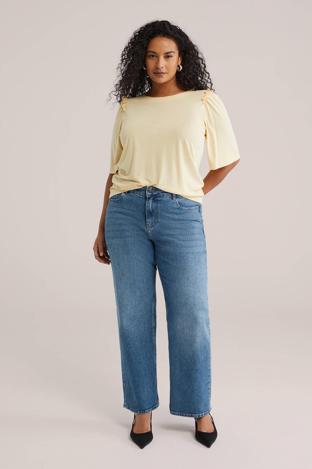 Lichtgele dames WE Fashion Curve top van viscose met effen, driekwart mouwen en ronde hals