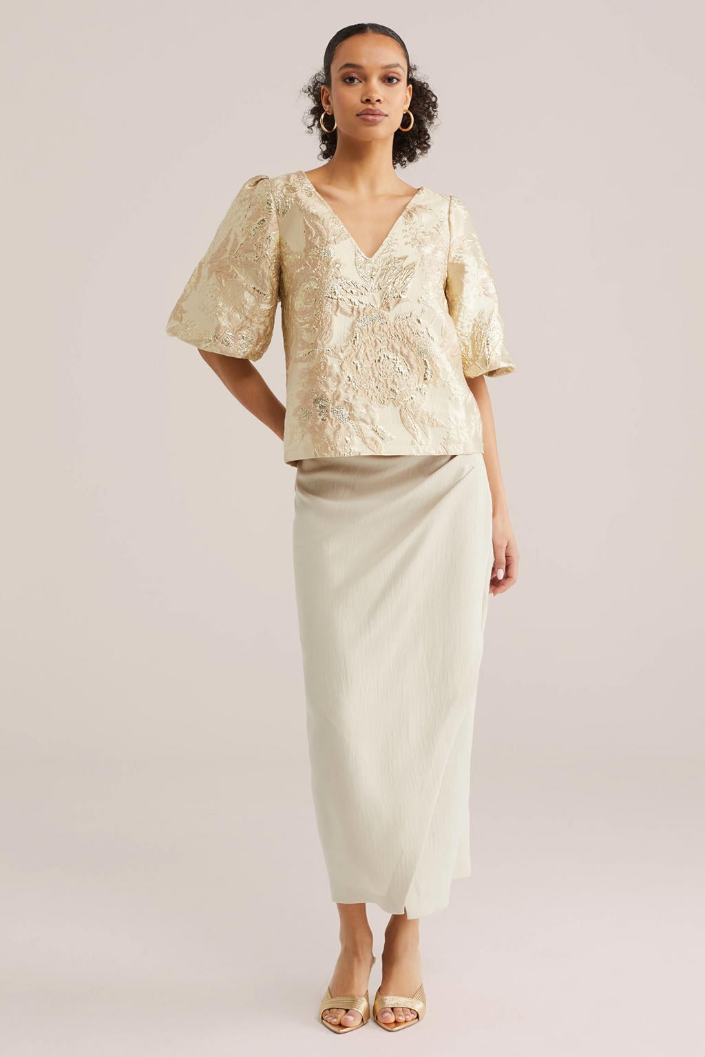 Gouden dames WE Fashion top van polyester met effen, driekwart mouwen en ronde hals