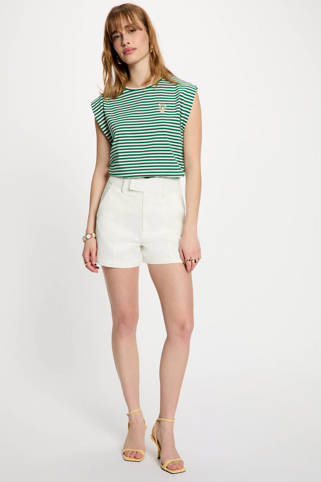 Groen en ecru dames Morgan gestreept T-shirt van katoen met korte mouwen en ronde hals