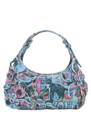 denim schoudertas met print blauw