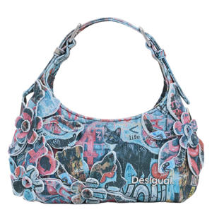 denim schoudertas met print blauw
