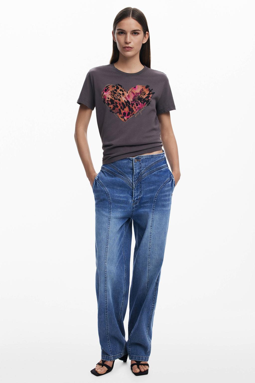 Lichtgrijs en oranje dames Desigual T-shirt van katoen met printopdruk, korte mouwen en ronde hals