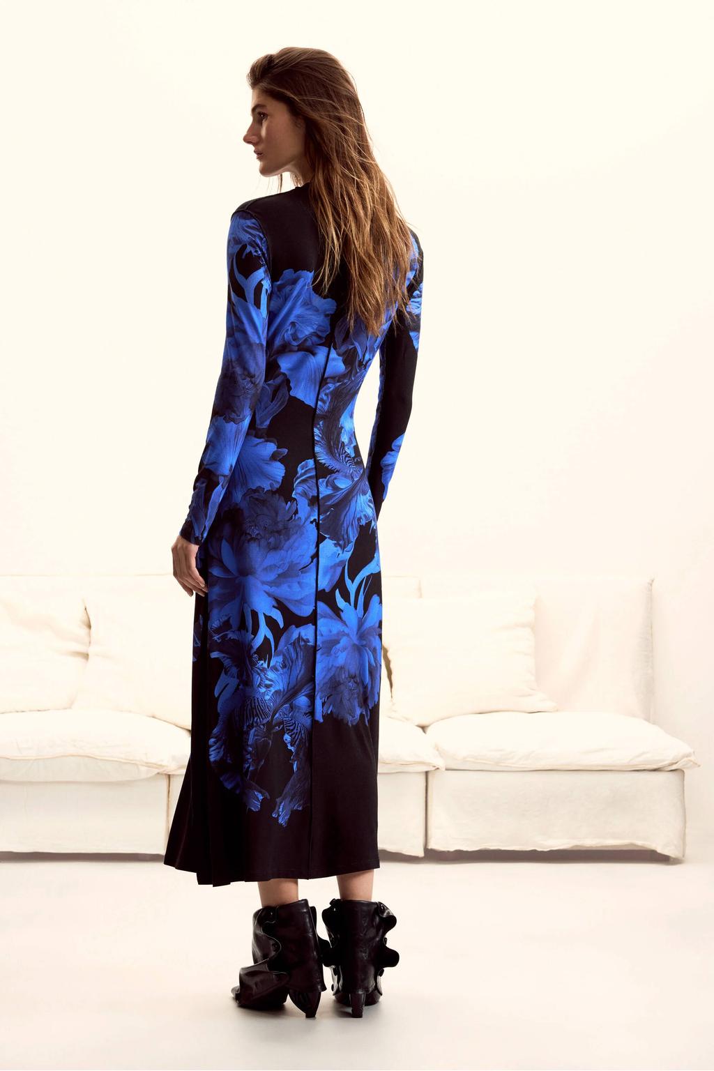 Blauw en zwarte dames Desigual maxi jurk van viscose met lange mouwen en ronde hals