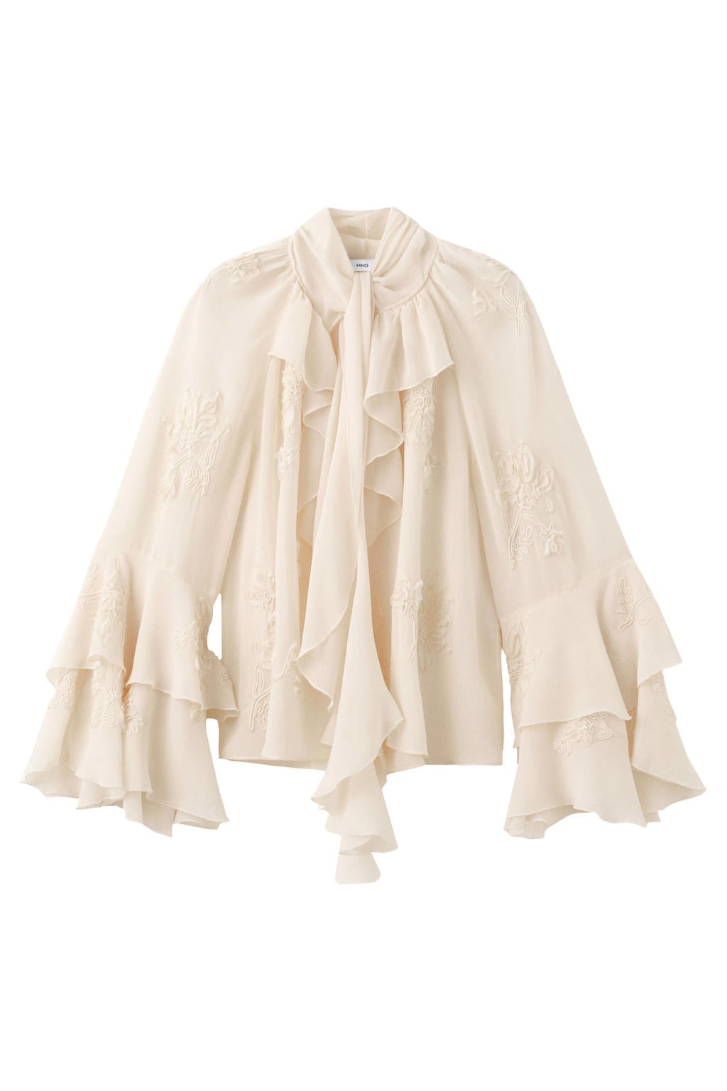 Ecru dames Mango gebloemde blousetop van viscose met lange mouwen, V-hals, knoopsluiting en ruches