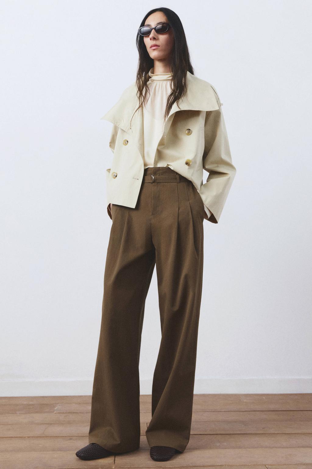 Kakikleurige dames Mango wide leg high waist palazzo broek van katoen met rits, haak- en knoopsluiting en effen