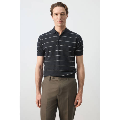Mango Man slim gestreepte polo met linnen donkerblauw afbeelding