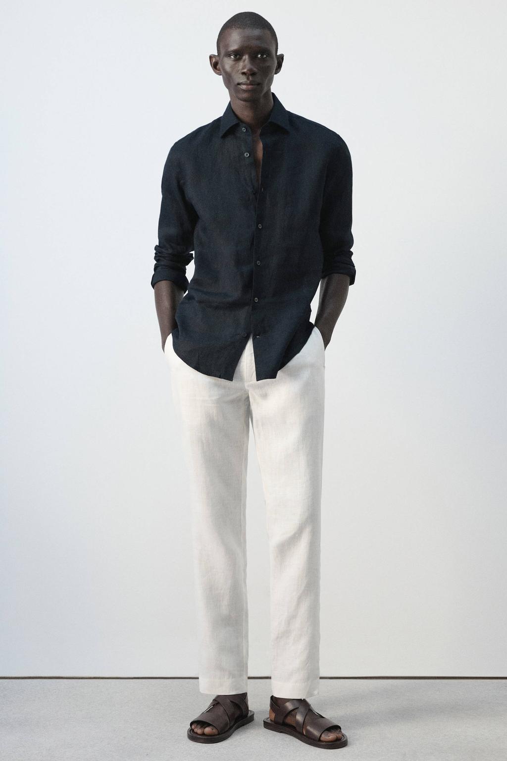 Donkerblauwe heren Mango Man slim casual overhemd met effen, lange mouwen en klassieke kraag