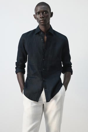 slim casual overhemd met linnen donkerblauw