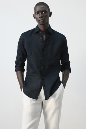 slim casual overhemd met linnen donkerblauw