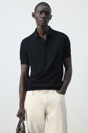 slim polo fijn gebreid donkerblauw