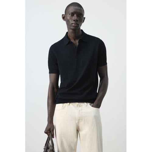 Mango Man slim polo fijn gebreid donkerblauw afbeelding