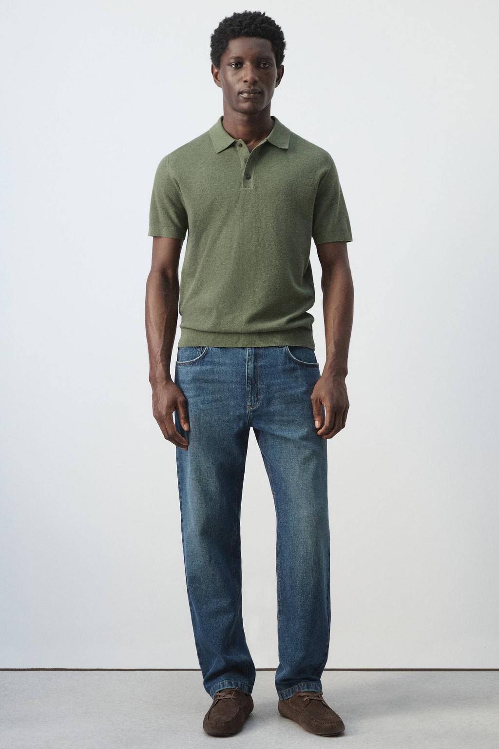 Groene heren Mango Man regular polo fijn gebreid van katoen met effen, korte mouwen en knoopsluiting