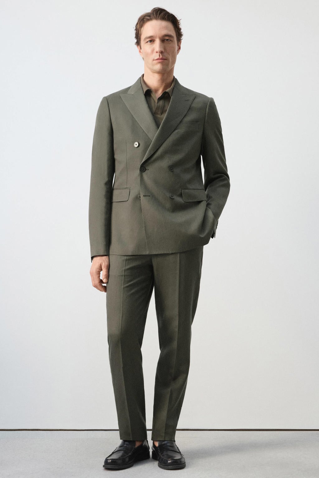 Mango Man slim pantalon met linnen groen