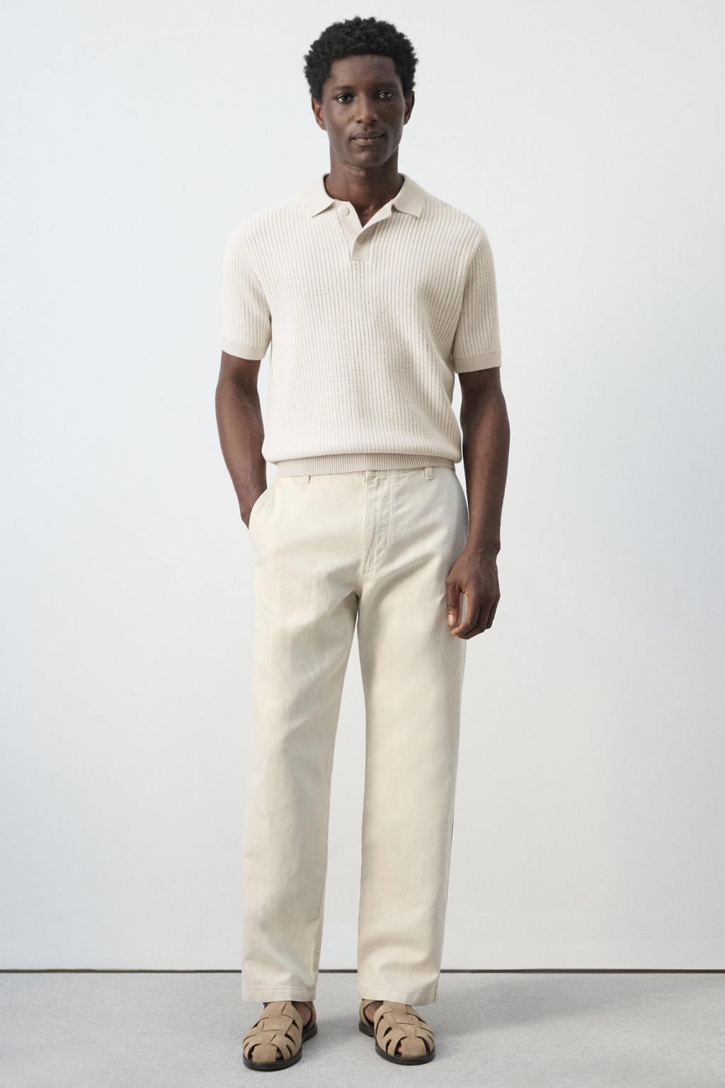 Ecru heren Mango Man regular polo gebreid van katoen met effen, korte mouwen en knoopsluiting