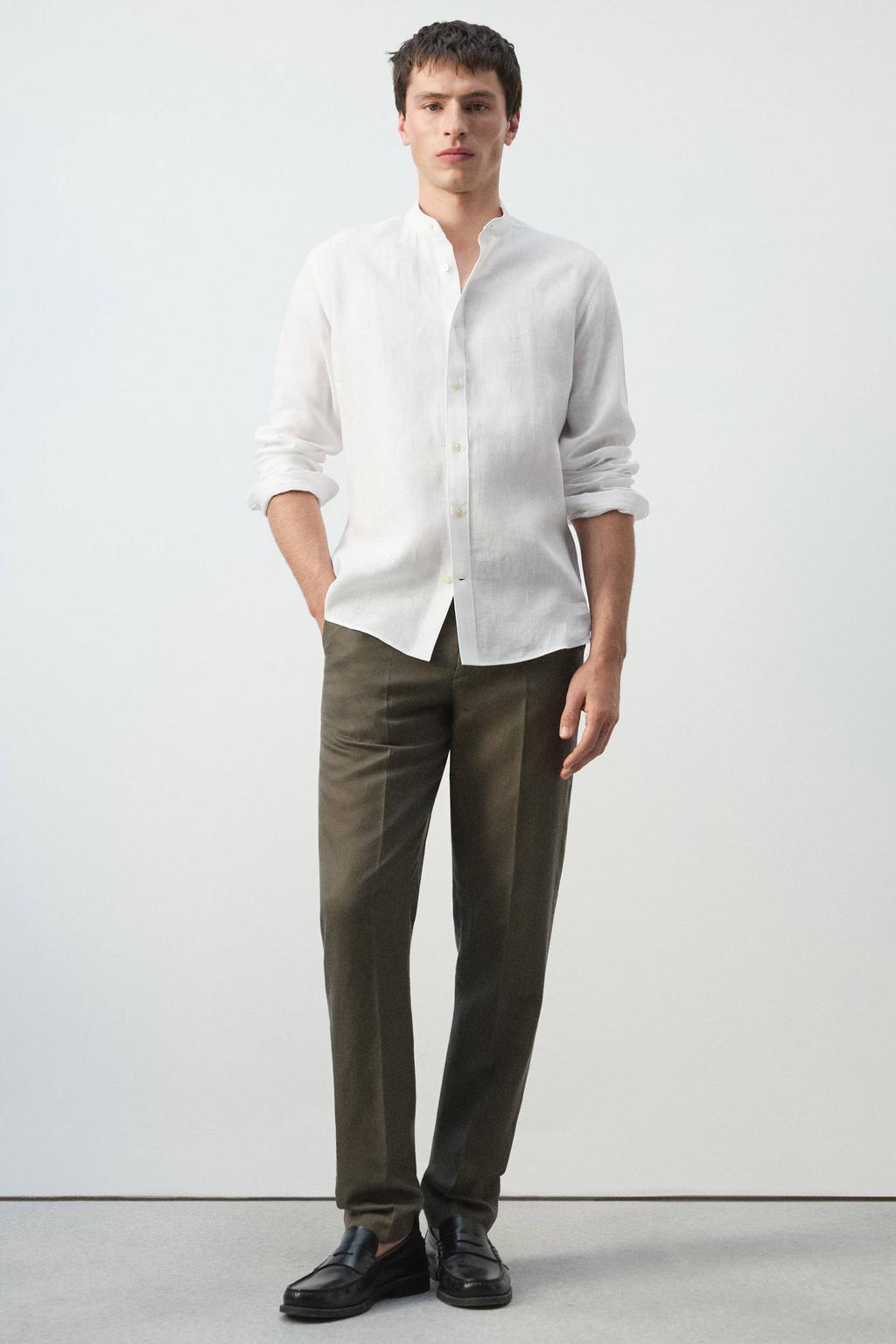 Witte heren Mango Man regular casual overhemd van linnen met effen, lange mouwen, mao kraag en knoopsluiting