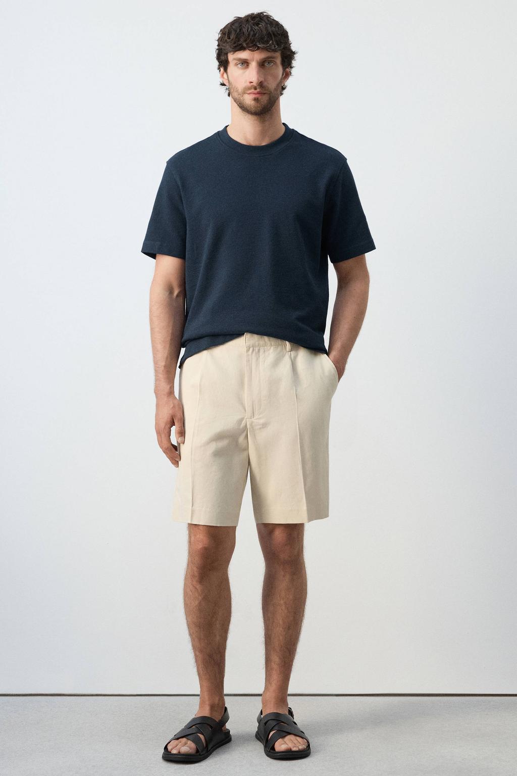 Donkerblauwe heren Mango Man regular T-shirt van katoen met effen, korte mouwen en ronde hals