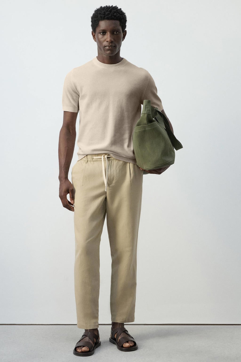 Beige heren Mango Man slim T-shirt rib gebreid van katoen met effen, korte mouwen en ronde hals