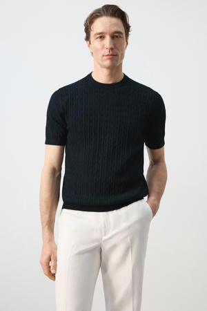 slim T-shirt gebreid donkerblauw