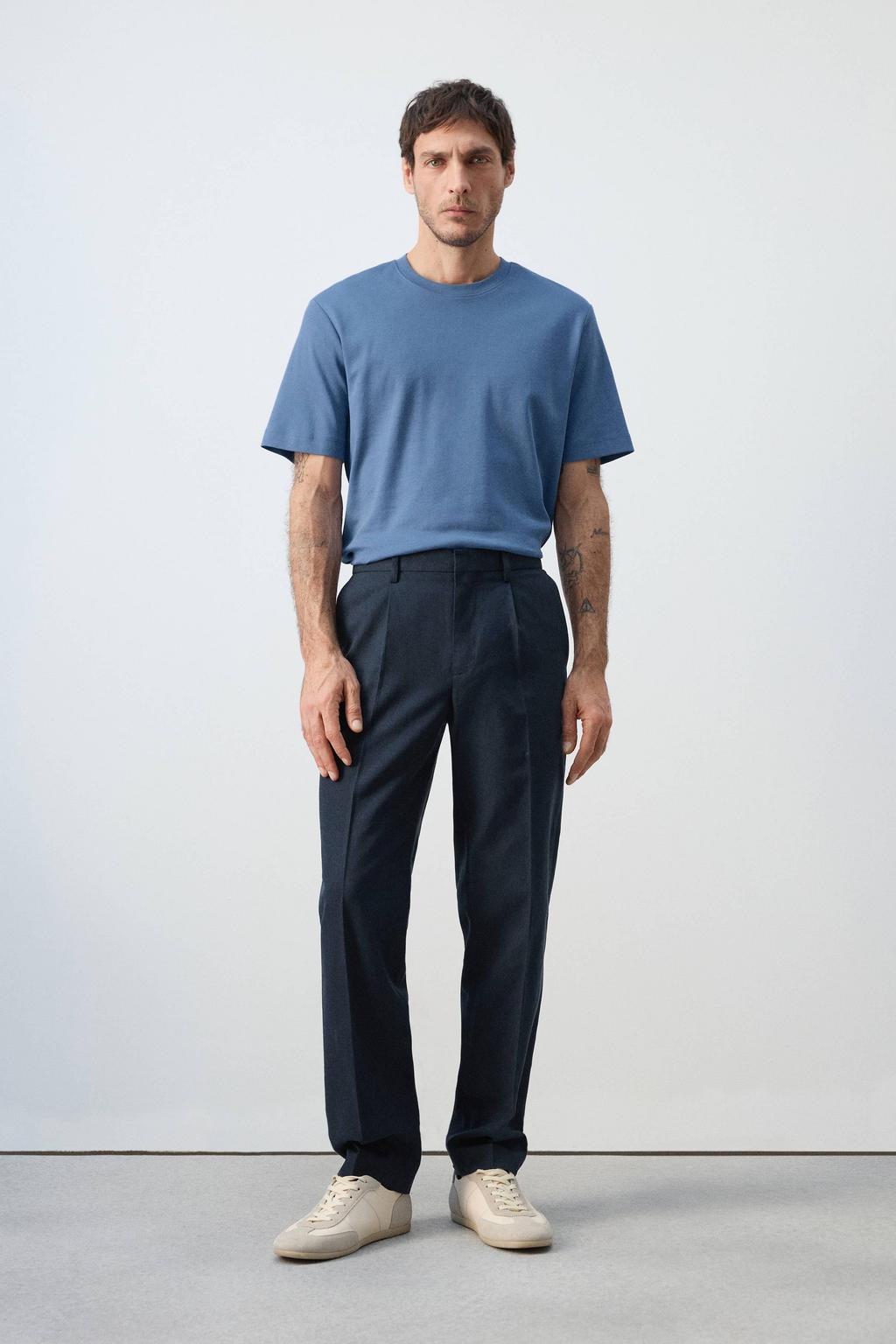 Blauwe heren Mango Man regular T-shirt van katoen met effen, korte mouwen en ronde hals