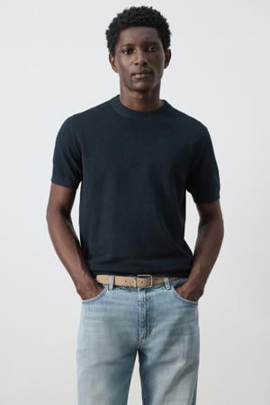 slim T-shirt donkerblauw rib gebreid