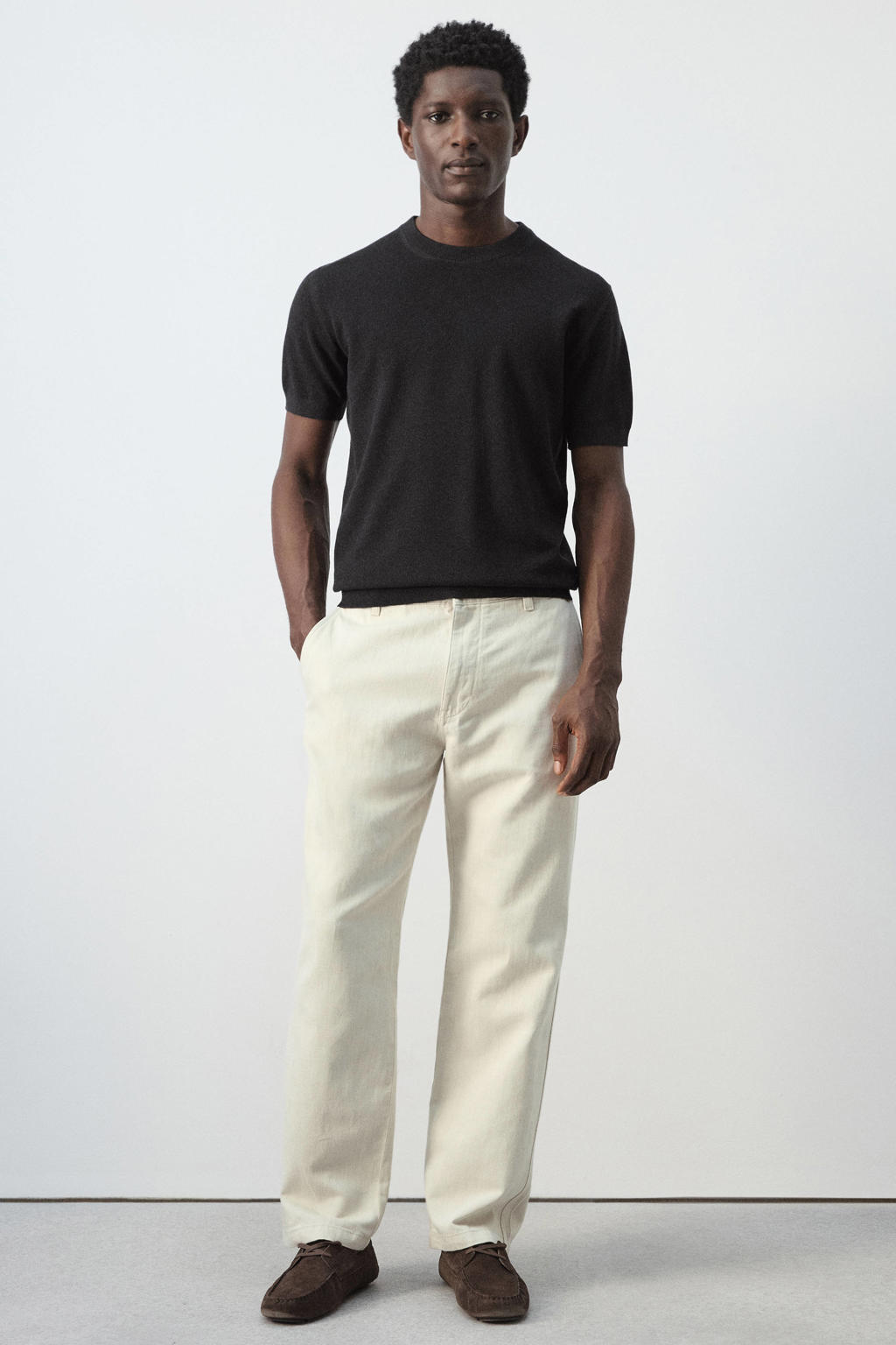 Zwarte heren Mango Man slim T-shirt rib gebreid van katoen met effen, korte mouwen en ronde hals