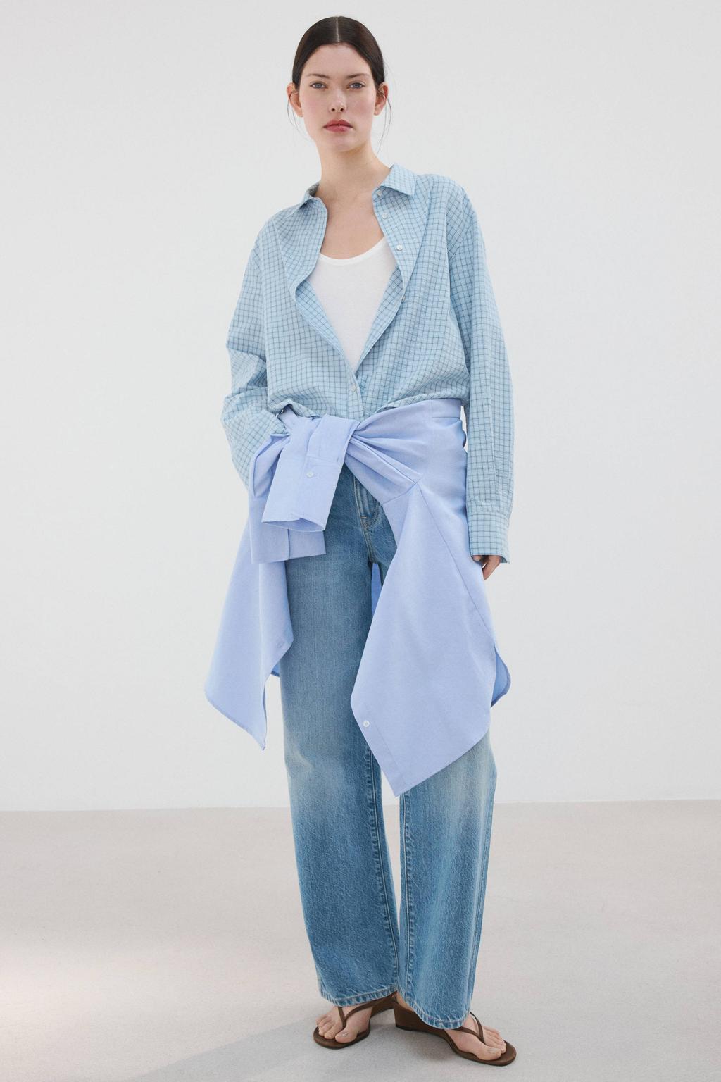 Blauwe dames Mango geruit blouse van polyester met lange mouwen, klassieke kraag en knoopsluiting