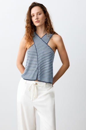 gestreepte mouwloze top donkerblauw gebreid