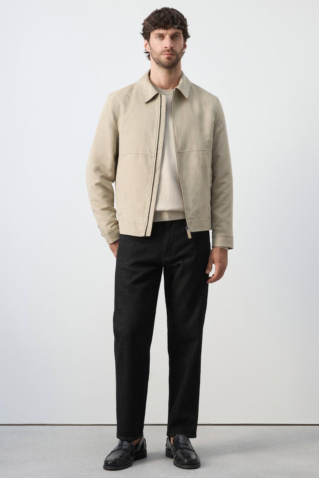 Beige heren Mango Man suede zomerjas met effen, lange mouwen, klassieke kraag en ritssluiting