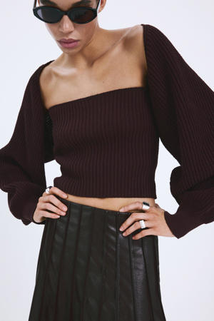 cropped top donkerbruin rib gebreid
