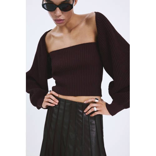 Mango cropped top donkerbruin rib gebreid afbeelding